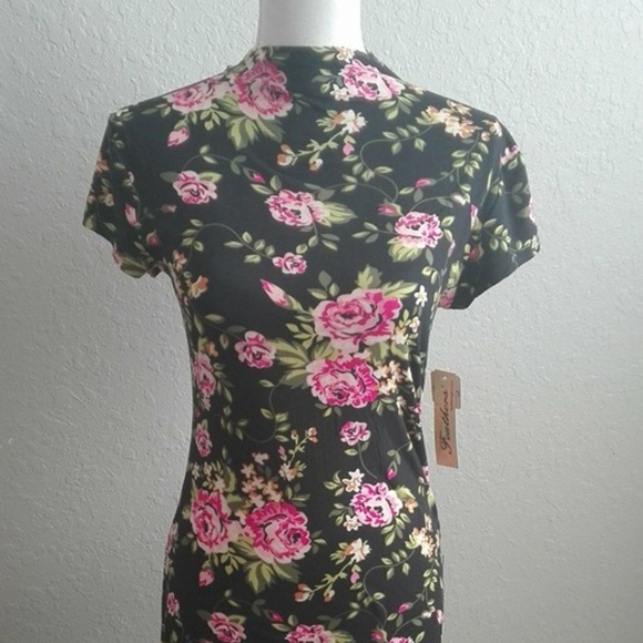 FLORAL PRINT MOCK NECK BLACK MID DRESS ANASTASIA - Picture 2 of 8